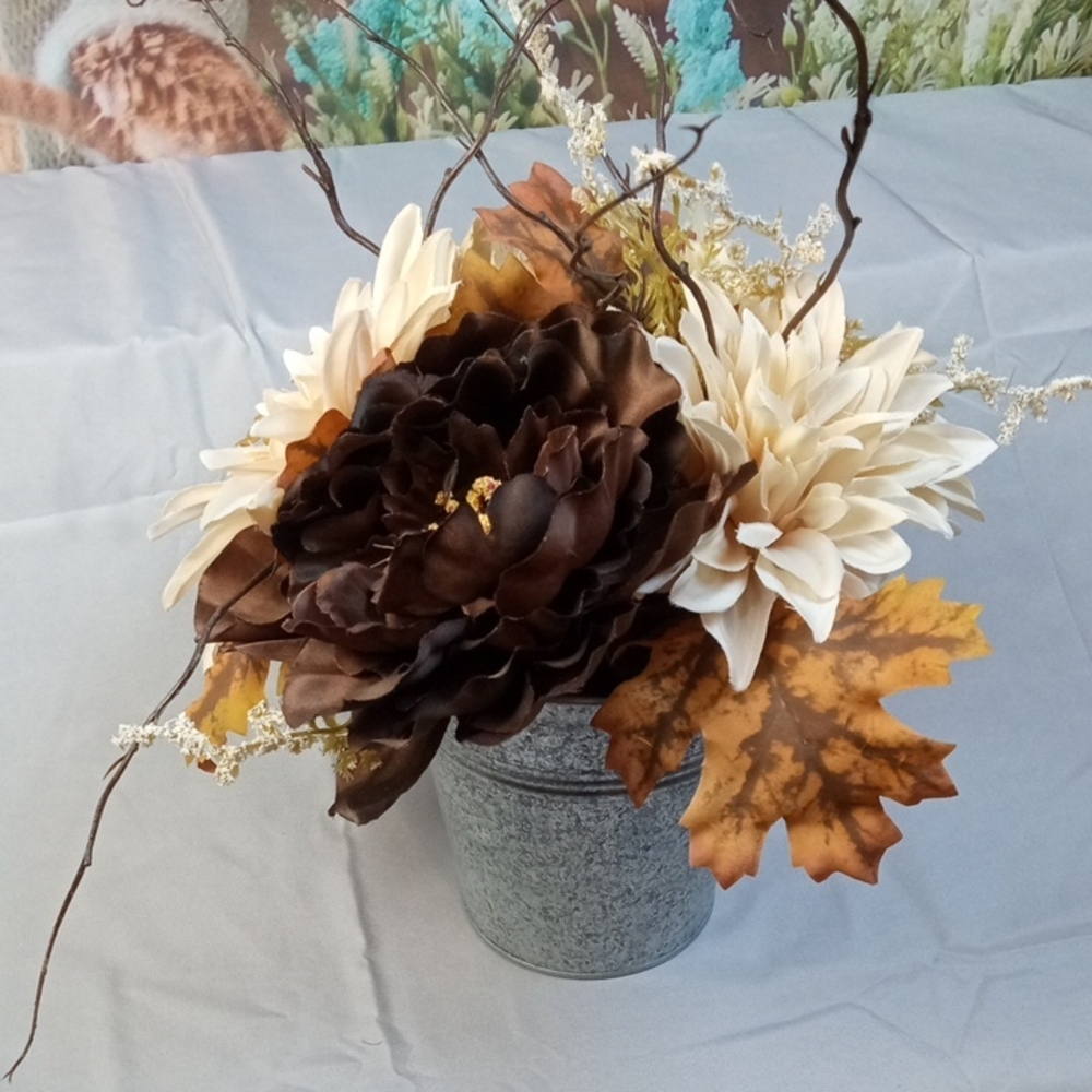 🍂🍒 Fall Brown and Cream Floral Arrangement in a Tin